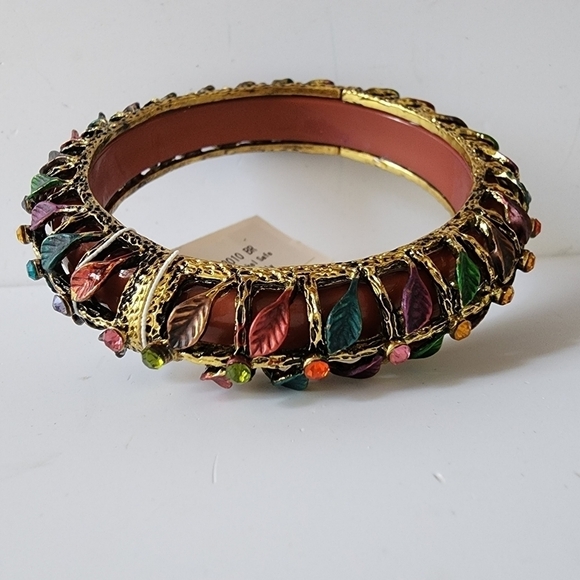 NWT Brown Antique Gold Leaf Crystal Tube Beaded Bangle Bracelet‎ - Picture 5 of 8